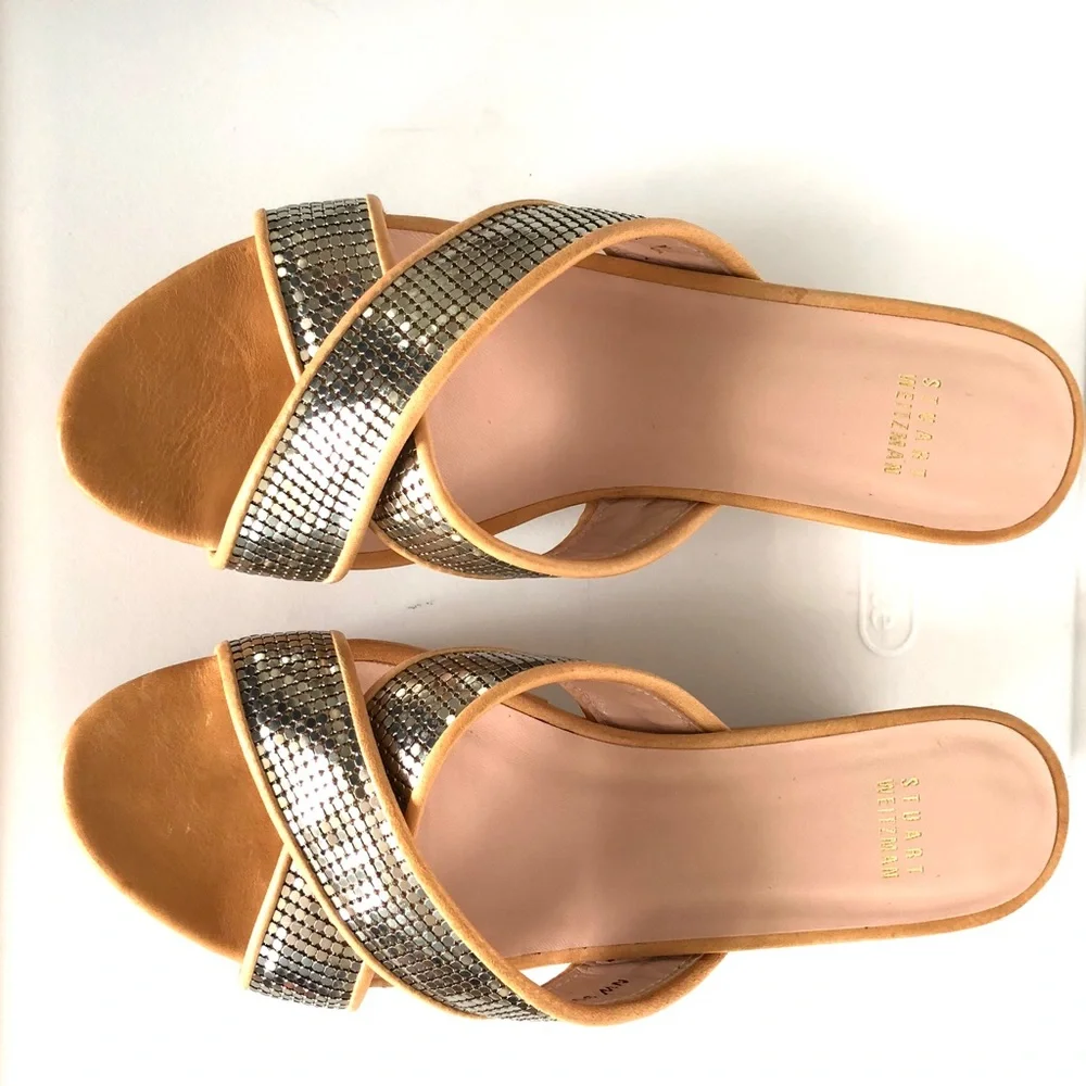 Stuart Weitzman Tan Platform Wedges with Metallic Snake-Print Straps